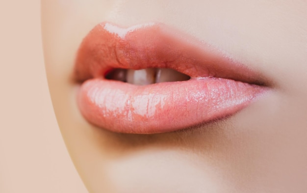 Closeup perfect natural lip with makeup female mouth plump sexy sensual full lips macro lips and mou