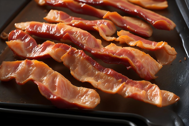 Closeup of perfectly prepared slices of bacon providing an unparalleled flavor for true gourmets Generated by AI