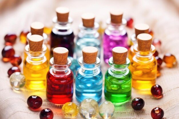 Closeup of perfume essential oils in small glass vials