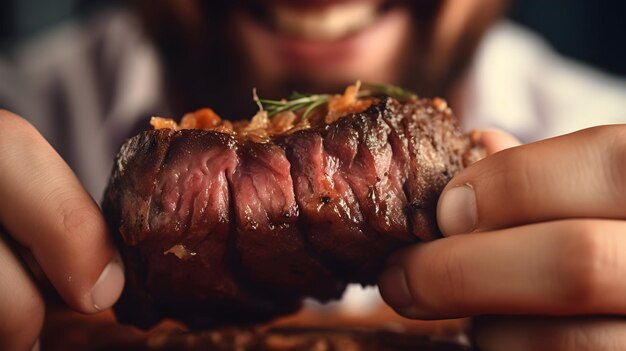 Foto close-up di una persona che morde una bistecca succosa