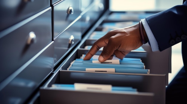 Photo closeup of a person in a business suit searching through open file drawers full of documents