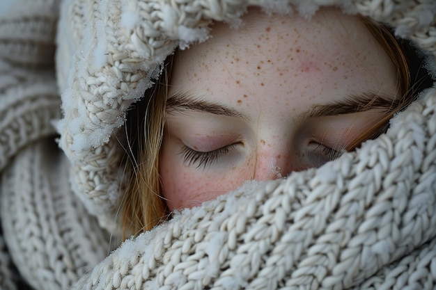 Closeup of a person cozily wrapped in a frosty scarf