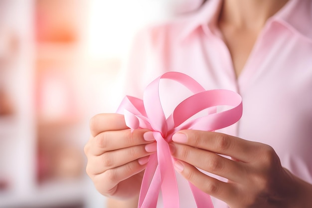 Closeup person holding awareness ribbon woman with pink Ribbon in hospital for support