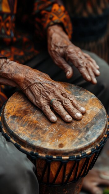 Foto closeup di una persona che tiene un tamburo di legno con le mani