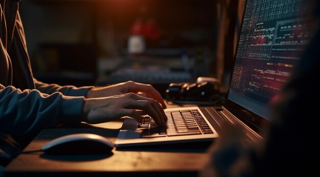 Photo closeup of person is typing on the keyboard programmer is programming on the computer keyboard