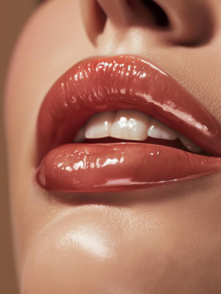 A closeup of a person lips The lips are full and glossy rosa natural