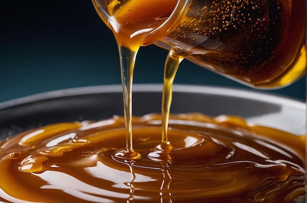 Closeup of a person pouring caramel o