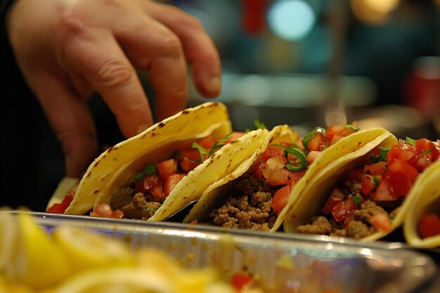 Closeup of a person reaching for a taco at a food fest