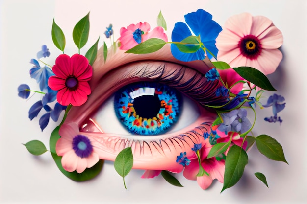 A closeup of a person's eye with flowers and leaves around it