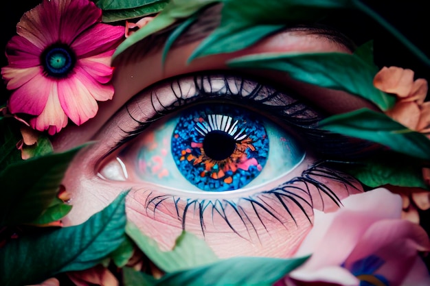 A closeup of a person's eye with flowers and leaves around it