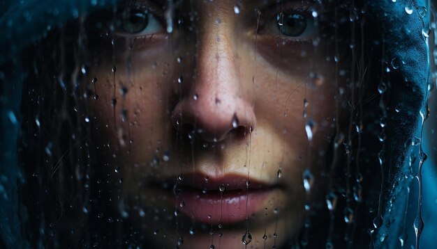 雨でストライクされたウィンドウガラスによって部分的に隠された人の顔のクローズアップ