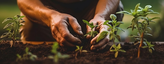 人のガーデニングと植物栽培の手のクローズアップ 生成 AI