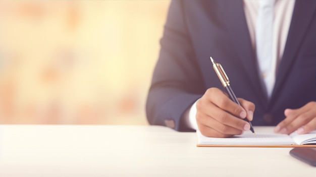 Closeup of a person's hand holding a pen signing a document in a professional setting