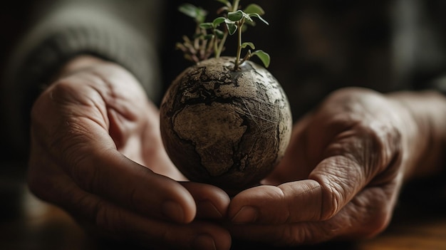 A closeup of a person's hand holding a small globe with a tree sapling on top