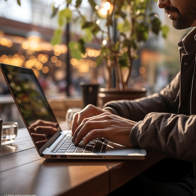 Closeup of person using laptop in a cafe Generation with AI