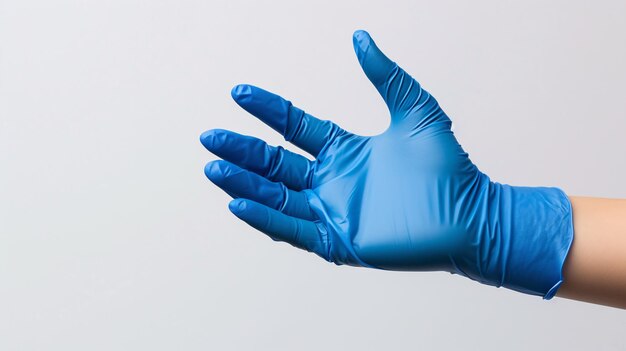 Closeup of person with blue latex gloves holding object against white background