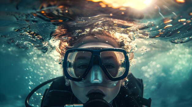 Foto close-up di una persona con una maschera da immersione e un snorkel sott'acqua illuminata dalla luce solare