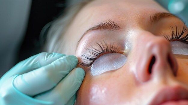 Closeup of a person with eyelash extensions and makeup wearing gloves in a beauty salon