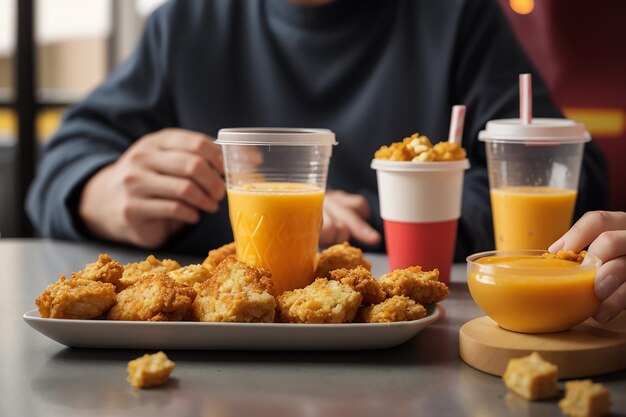 Photo closeup person with nuggets and juice cup