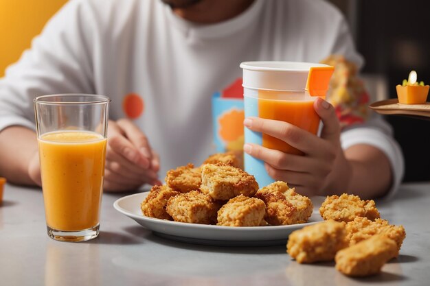 Photo closeup person with nuggets and juice cup