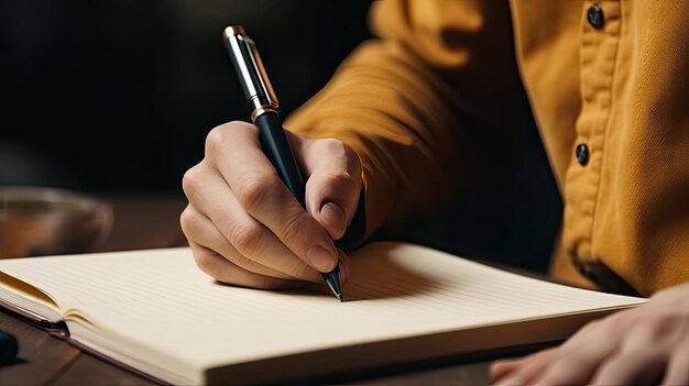 closeup of a person writing in a notebook and pen