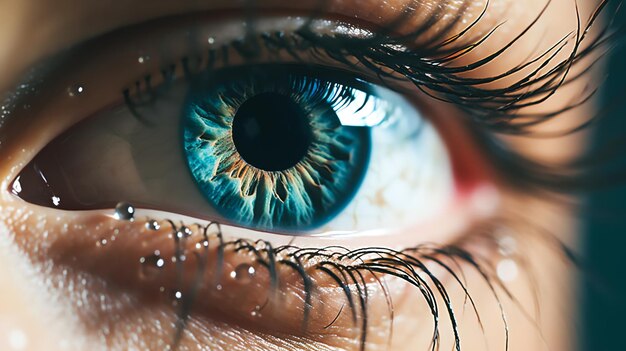 A closeup of a person039s eye with a droplet of artificial tear gently landing on the surface