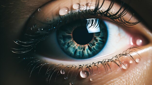 A closeup of a person039s eye with a droplet of artificial tear gently landing on the surface