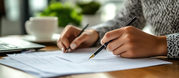 closeup of a person39s hands writing on a document with a pen