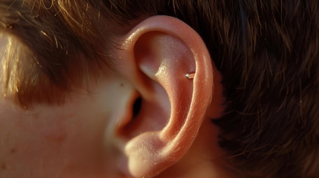 A closeup of a persons ear shows a tiny hearing aid implanted just behind the earlobe the device