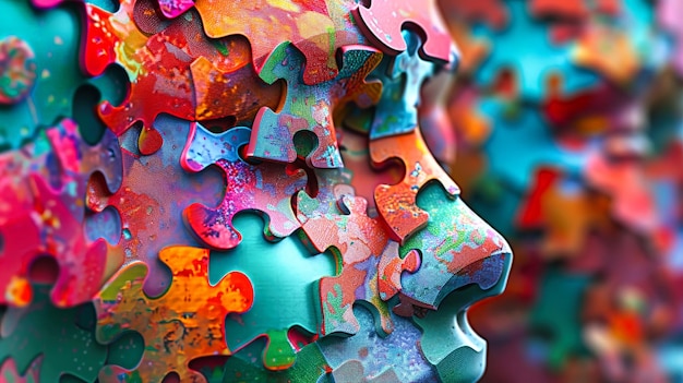 Photo closeup of a persons face meticulously created with puzzle pieces forming a unique mosaic