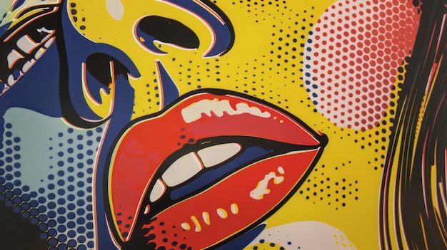 A closeup of a persons face with exaggerated features and vibrant colors reminiscent of a Roy Lichtenstein painting AI generated illustration