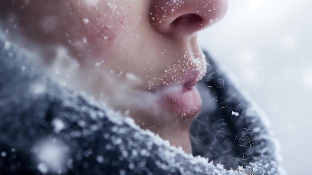 Foto close-up del viso di una persona con fiocchi di neve sulla pelle e sulle labbra che suggeriscono il clima freddo