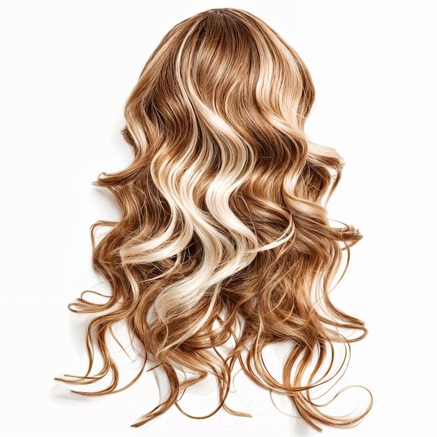 A closeup of a persons hair which is styled into loose waves and has a mix of brown and blonde colors