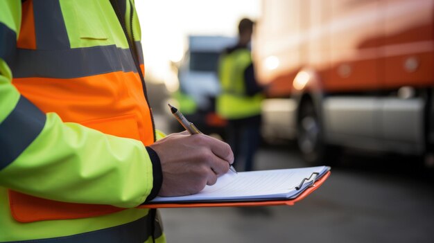 Closeup of a persons hand holding a pen and writing on a clipboard wearing a safety reflective vest with a delivery vehicle in the background