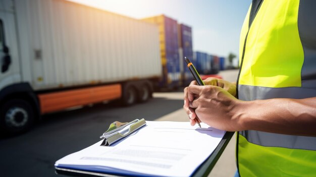 Photo closeup of a persons hand holding a pen and writing on a clipboard wearing a safety reflective vest with a delivery vehicle in the background