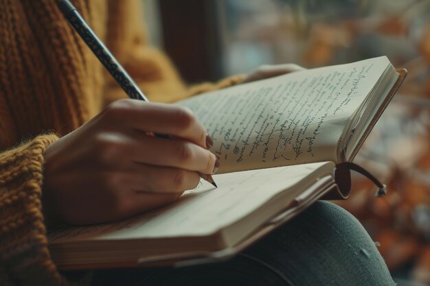 Closeup of a persons hand writing in a journal with a focus on selfexpression and reflection