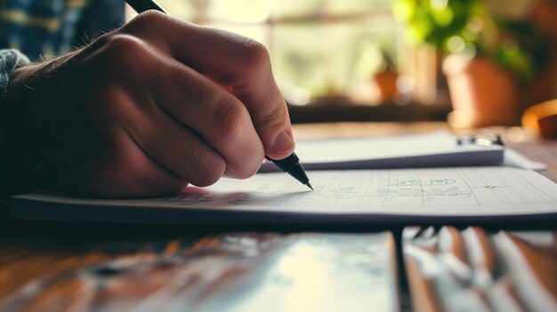 Closeup of a persons hand writing on paper with a pen