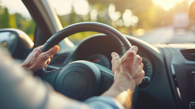 Foto close-up di una persona con le mani sul volante di un'auto con una fiamma solare sullo sfondo