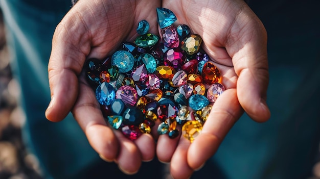 Photo closeup of a persons hands filled with an array of colorful sparkling gemstones
