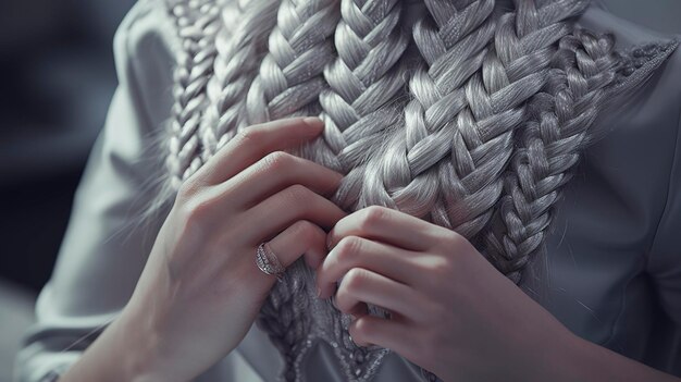 Closeup of a persons hands gently holding braided hair with a moody and artistic vibe