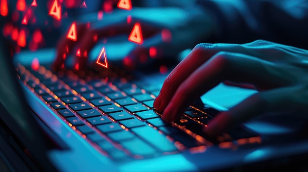 Closeup of a persons hands typing on a backlit laptop keyboard with a screen displaying what appears to be a warning or error message