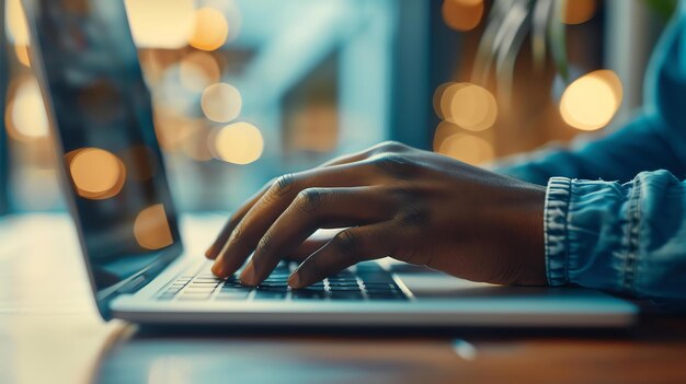 A closeup of a persons hands typing on a laptop keyboard The person is wearing a blue shirt and the background is blurry with a warm orange hue