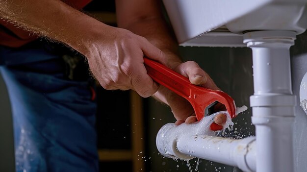 Closeup of a persons hands using a red pipe wrench to adjust a white PVC piping system