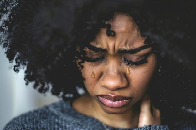 A closeup of a persons tearstreaked face conveying profound sadness and grief with watery eyes and