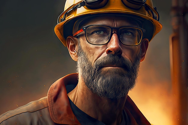 Крупный план работника нефтяной промышленности в униформе с бородой и очками, генерирующий искусственный интеллект