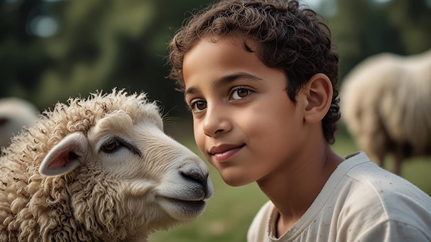 사진 이슬람 소년이 양을 들고 있는 클로즈업 사진 eid aladha 컨셉