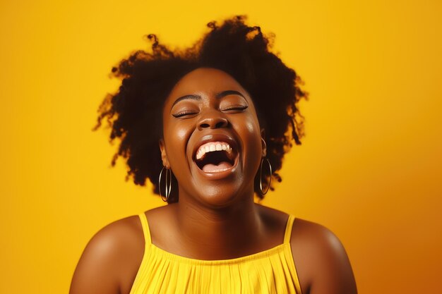 Closeup photo amazing darkskinned lady doesn't believe screams happy hands fists raised big victory in competition isolated yellow bright bright background