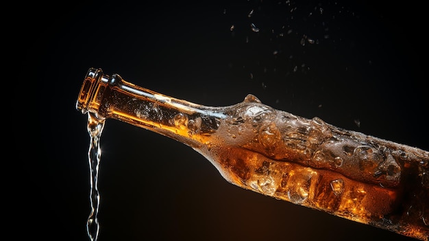 closeup photo of an amber beer bottle splashing beer drops