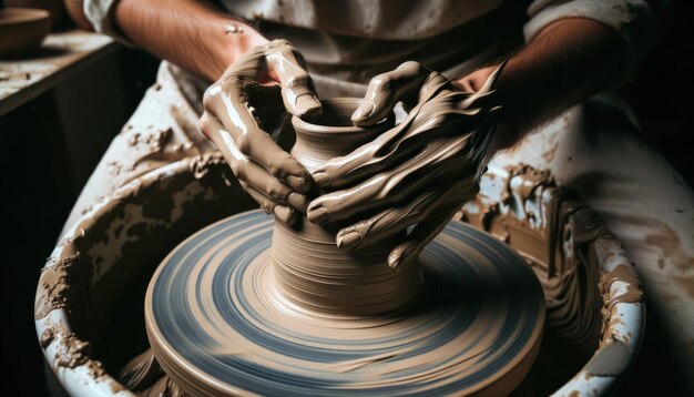 Photo closeup photo of an artist39s hands coated in wet clay skillfully shaping a burgeoning vase on a spinning pottery wheel