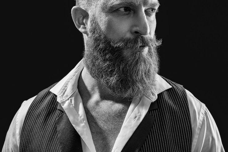 Photo closeup photo of bearded man face with moustache on background bearded man with moustache